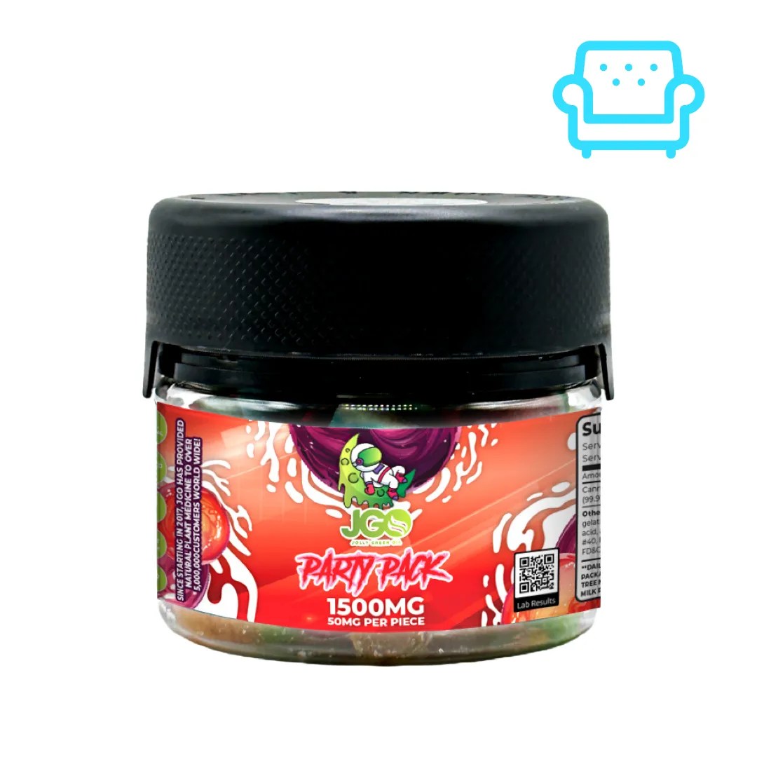 Jar of JGO Party Pack Gummies – 1500mg CBD total with assorted flavors, 50mg per piece, THC-free and made for daily wellness