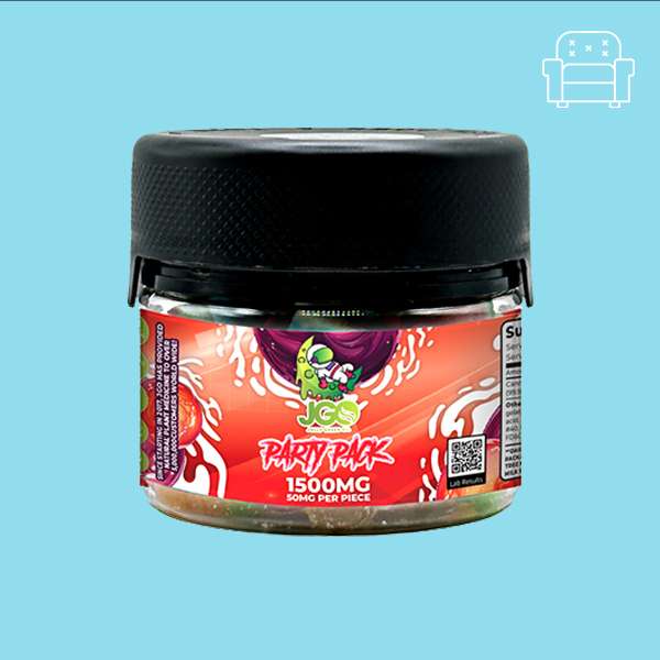 Jar of JGO Party Pack Gummies &ndash; 1500mg CBD total with assorted flavors, 50mg per piece, THC-free and made for daily wellness