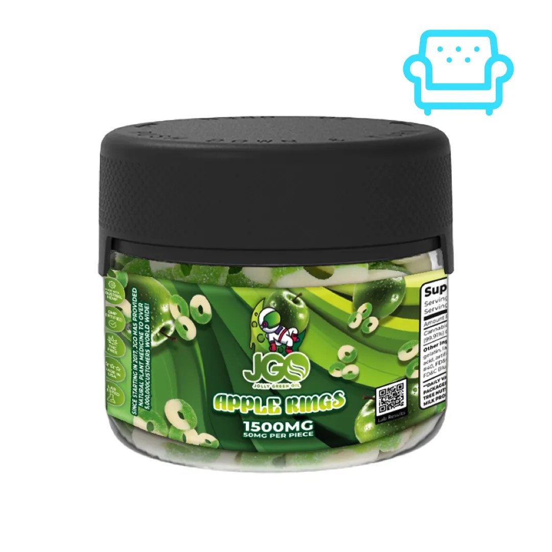 Jar of JGO Apple Rings Gummies – 1500mg CBD total, THC-free with 50mg per gummy and crisp green apple flavor for daily support