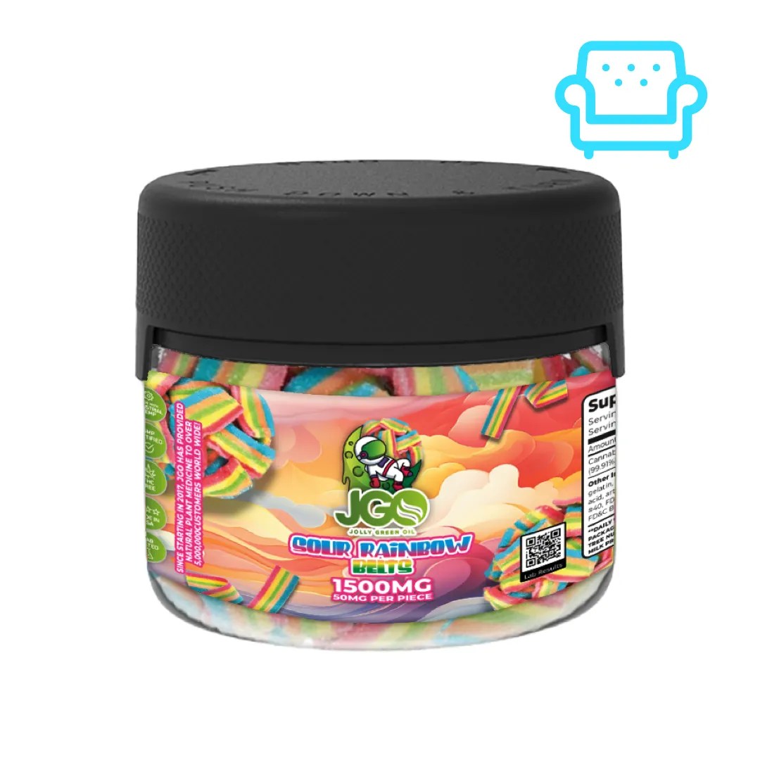 Jar of JGO Sour Rainbow Belts – 1500mg CBD total, THC-free gummies with 50mg per piece and bold fruity sour flavor
