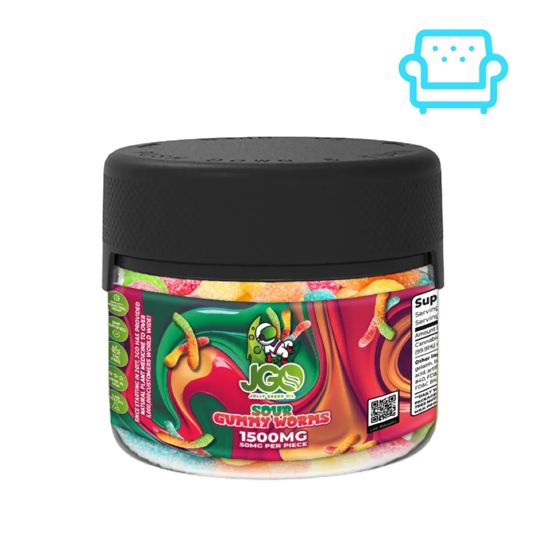 Jar of JGO Sour Gummy Worms – 1500mg CBD total, THC-free gummies with 50mg per piece and tangy fruit flavors for daily wellness
