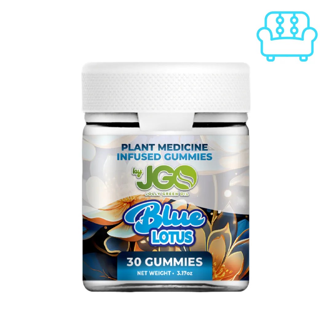30-count jar of JGO Blue Lotus Gummies – plant-based herbal gummies formulated for relaxation and mood support