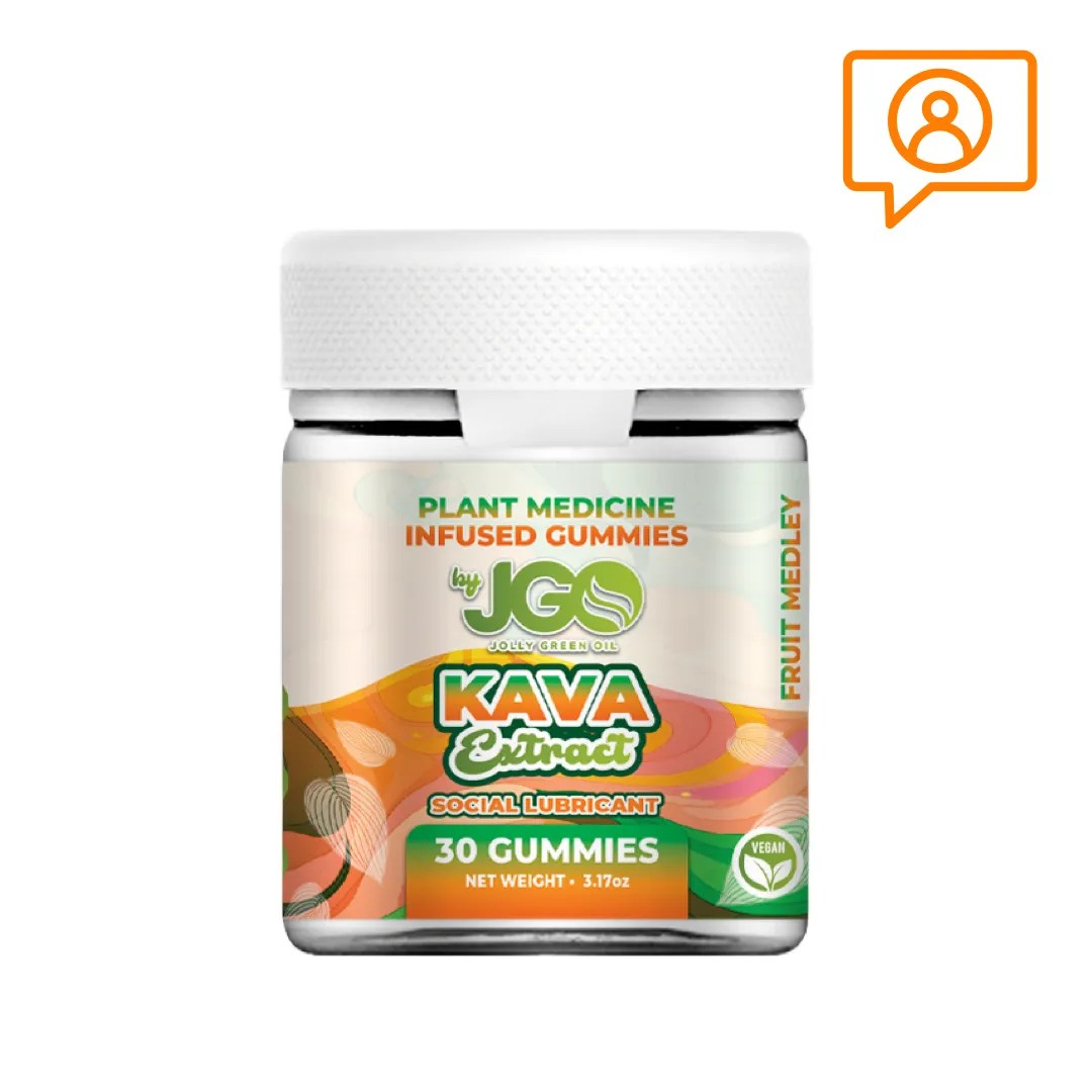 30-count jar of JGO Kava Extract Gummies – fruit medley flavor with plant-based ingredients for natural relaxation and social ease