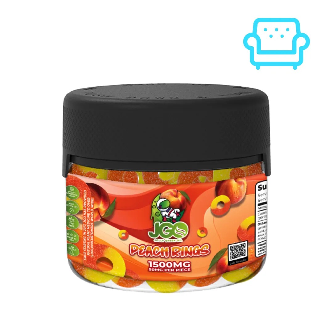 Jar of JGO Peach Rings – 1500mg CBD total, THC-free gummies with 50mg per piece, sweet and tangy flavor for daily wellness