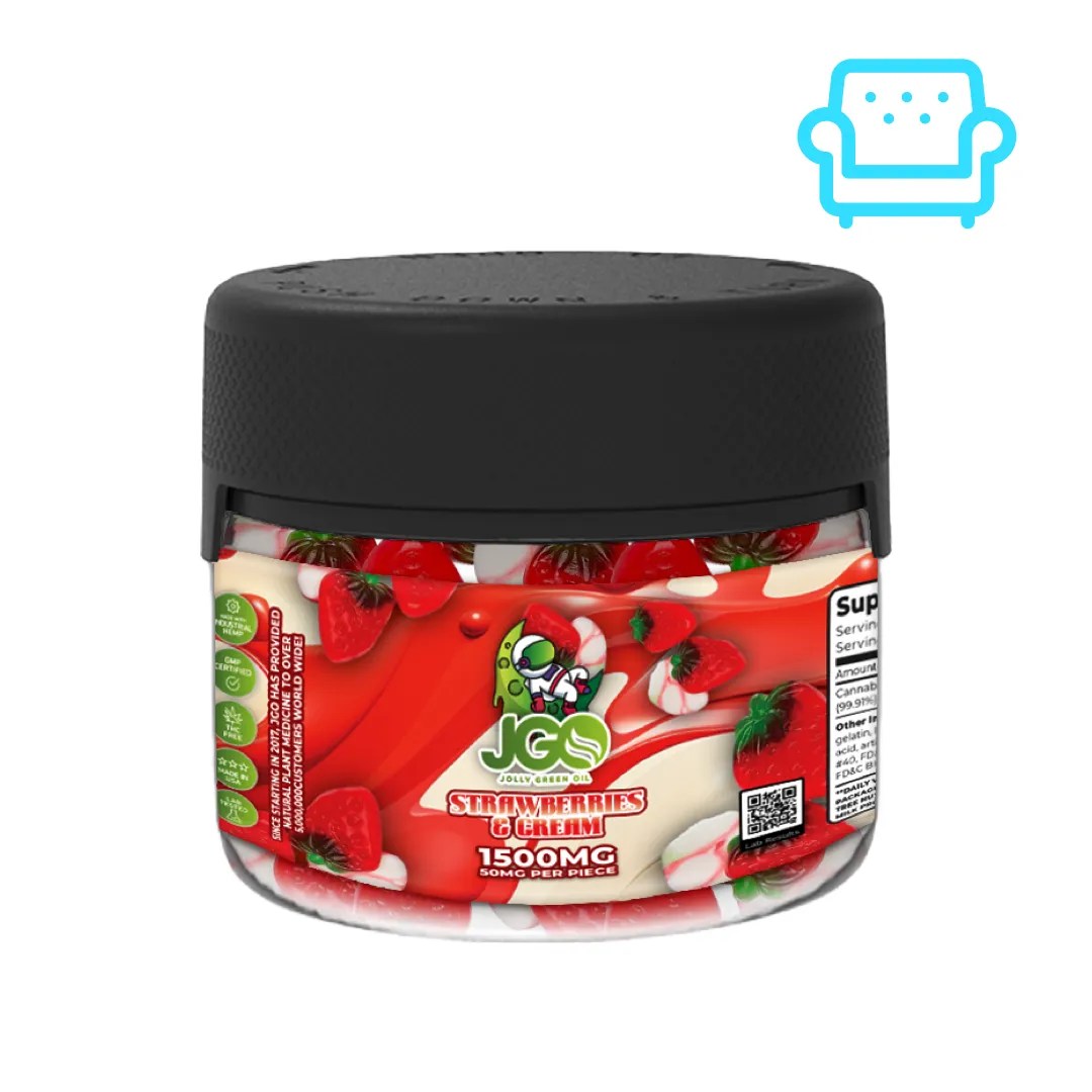 Jar of JGO Strawberries & Cream Gummies – 1500mg CBD total, THC-free with 50mg per gummy and a sweet, creamy strawberry flavor