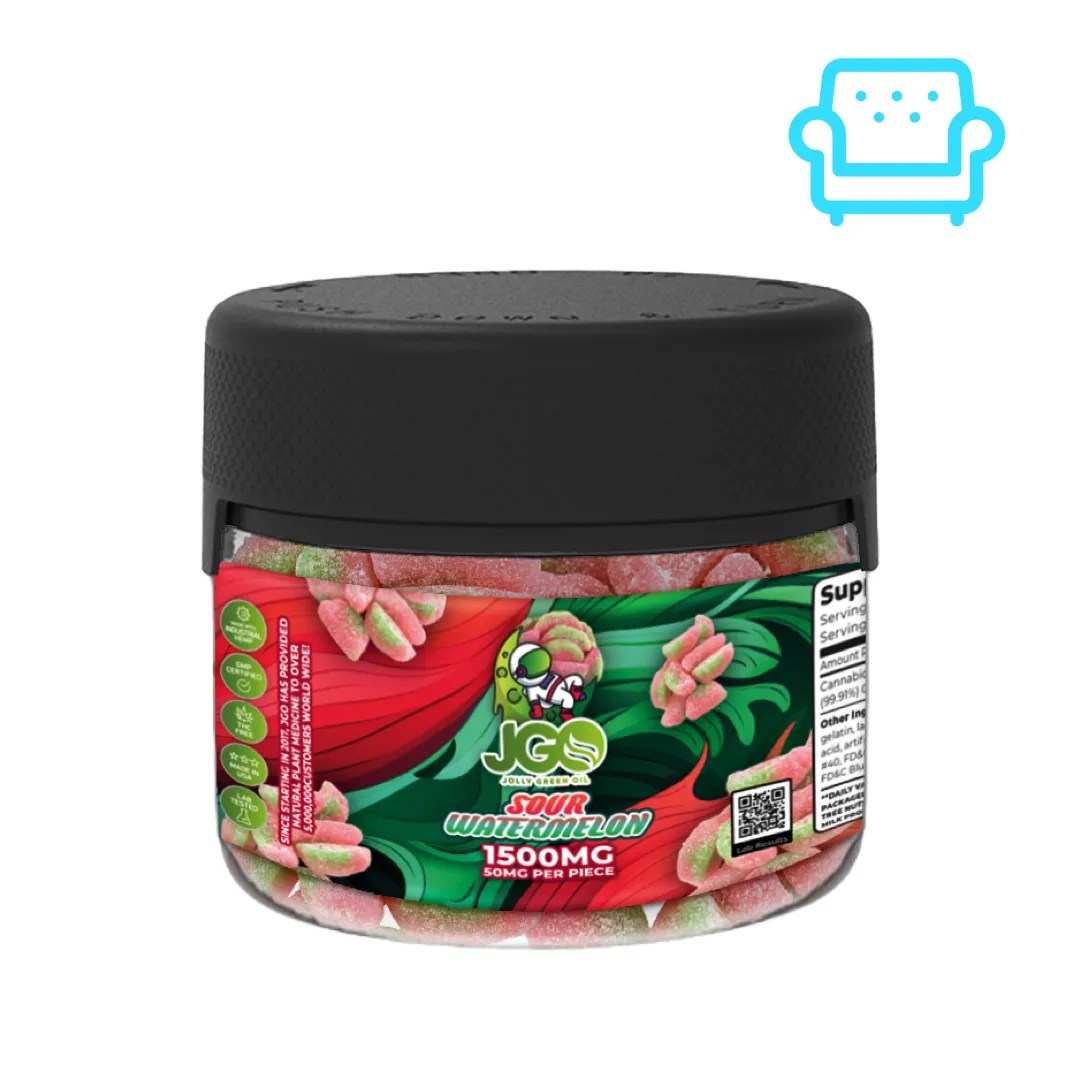 Jar of JGO Sour Watermelon Gummies – 1500mg CBD total, THC-free with 50mg per gummy, tangy flavor for daily wellness support