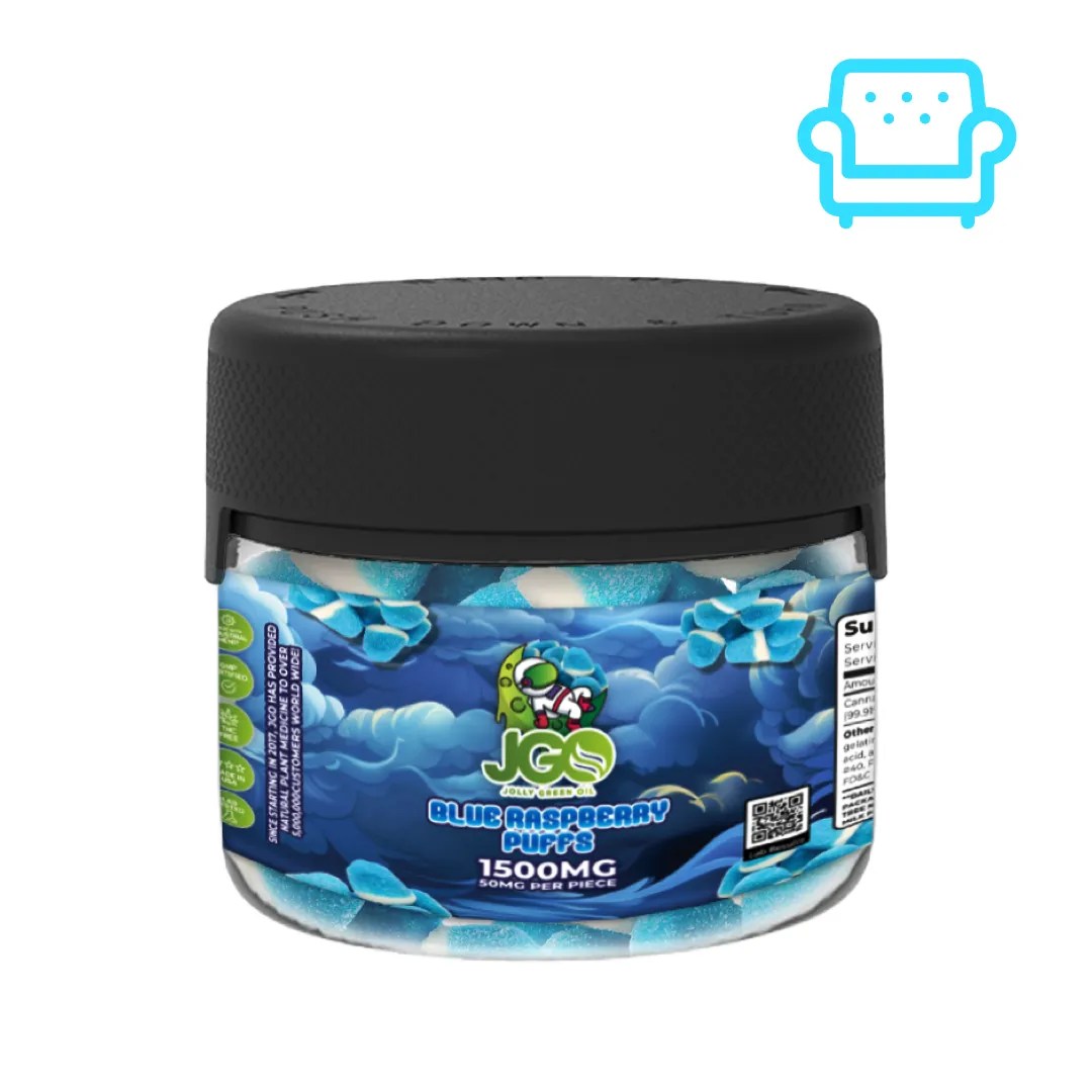 Jar of JGO Blue Raspberry Puffs – 1500mg CBD total, THC-free gummies with 50mg per piece and tangy blue raspberry flavor
