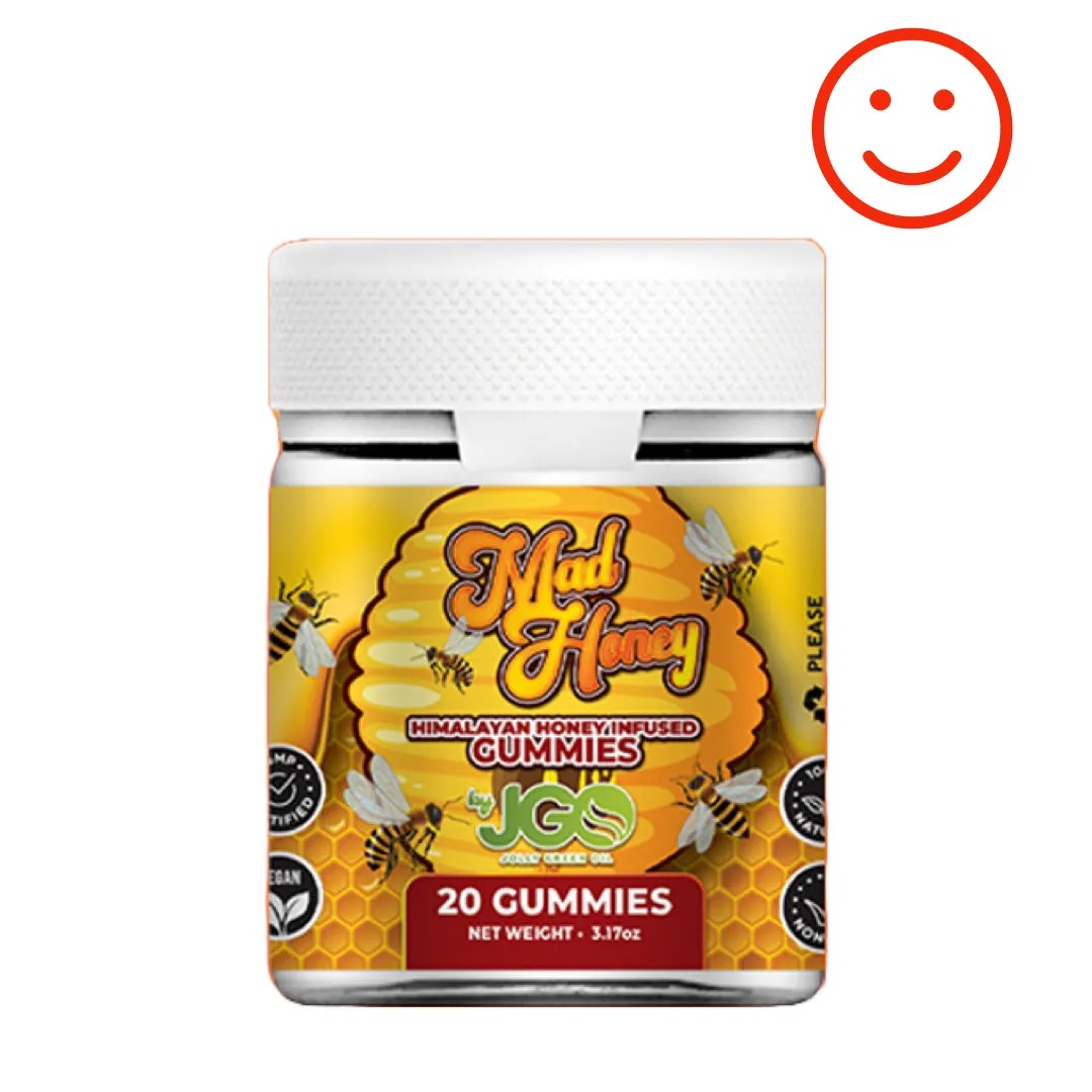 20-count jar of JGO Mad Honey Gummies – infused with Himalayan wild honey for a unique, legal buzz and natural wellness experience
