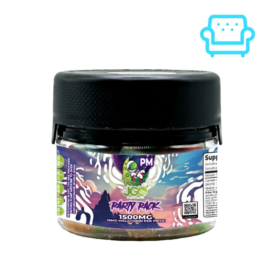Jar of JGO PM+ Party Pack Gummies – 1500mg CBD with 10mg melatonin per piece, THC-free sleep support gummies