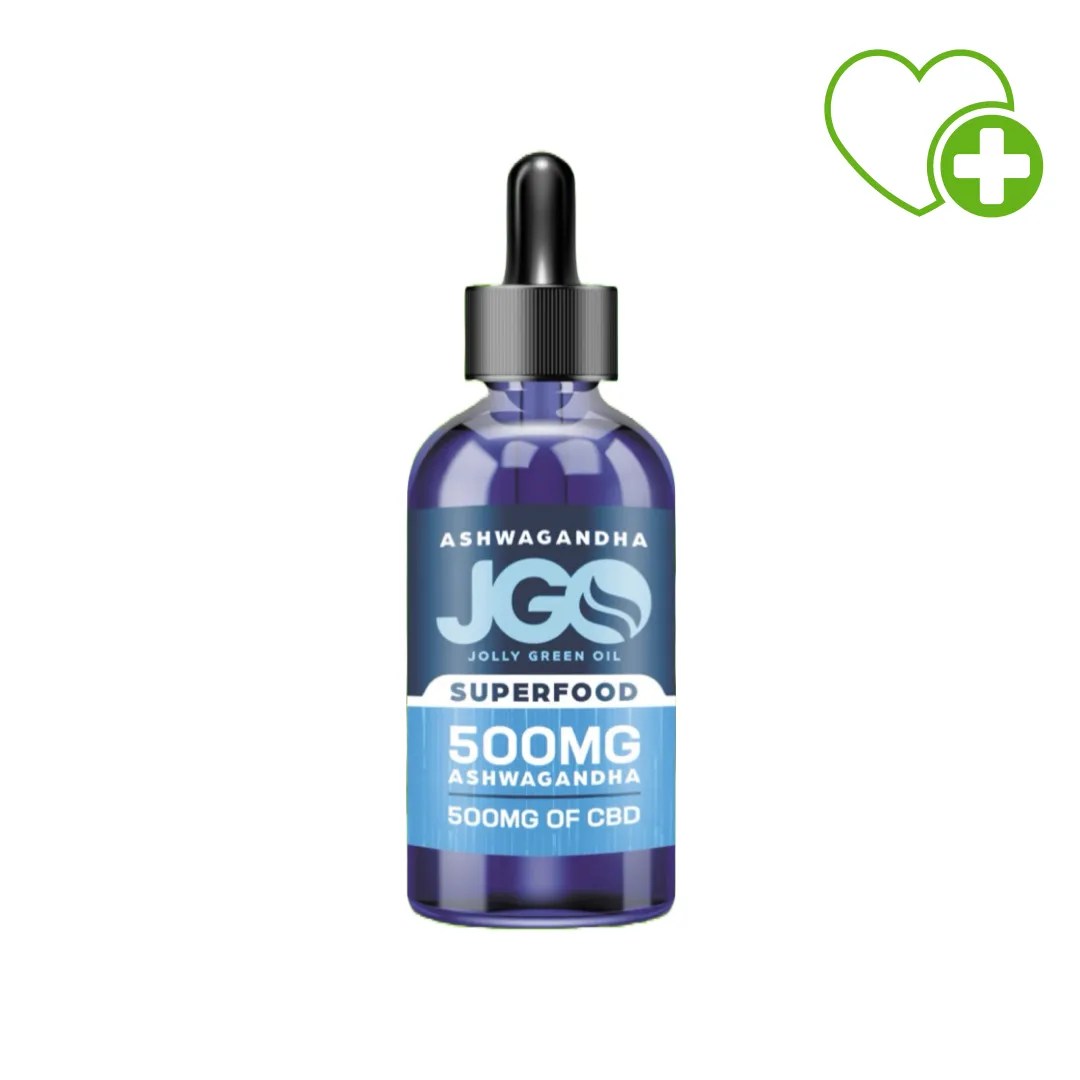 JGO Superfood Tincture – 500mg Ashwagandha and 500mg CBD in a blue dropper bottle for daily stress support and natural wellness