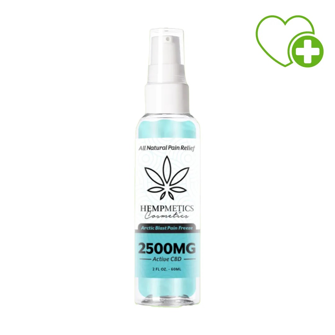 Bottle of Hempmetics Arctic Blast Pain Freeze Spray – 2500mg active CBD for fast-absorbing, natural topical relief