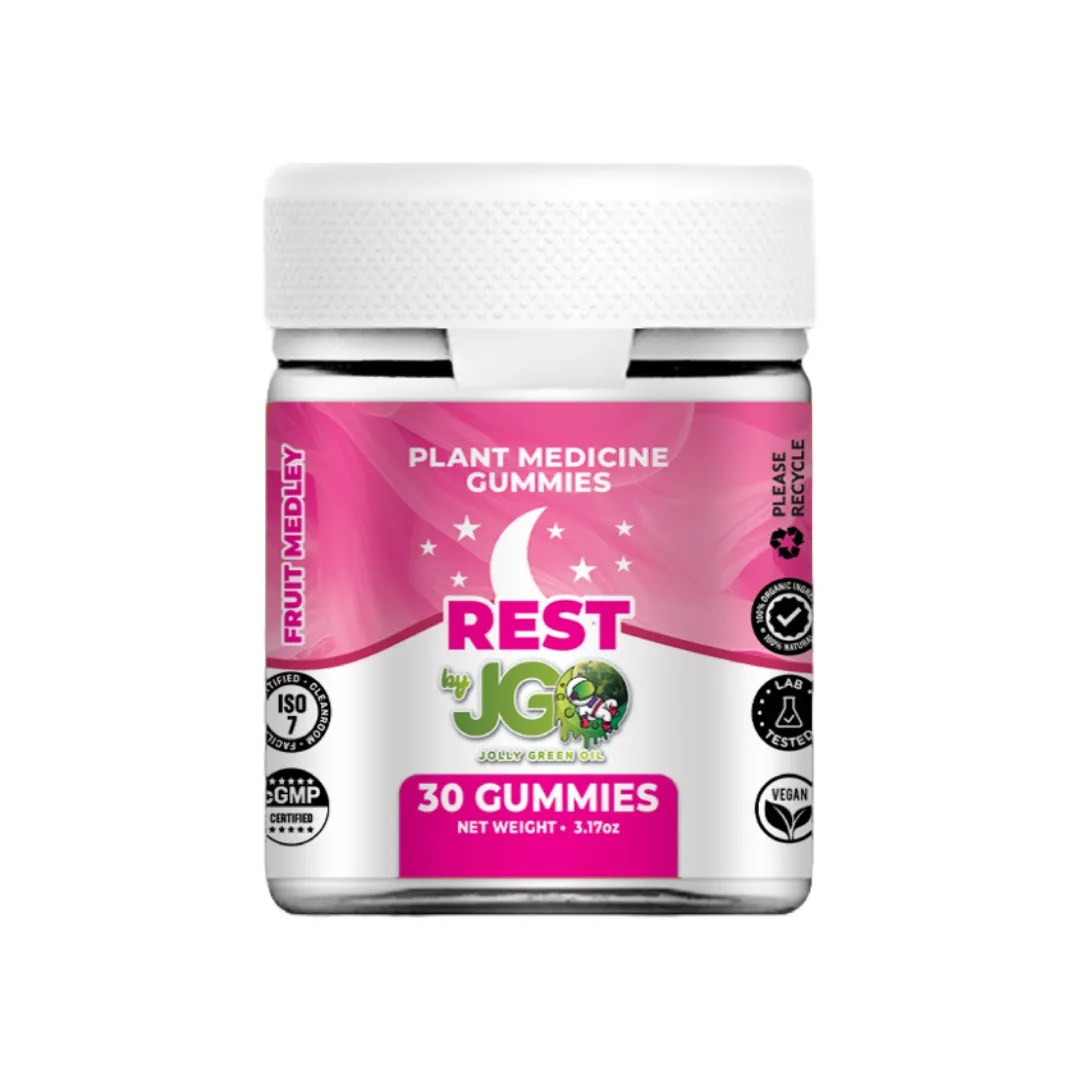 Jar of JGO Rest Gummies – 30-count fruit medley flavor plant-based gummies formulated with natural ingredients to support restful sleep and relaxation