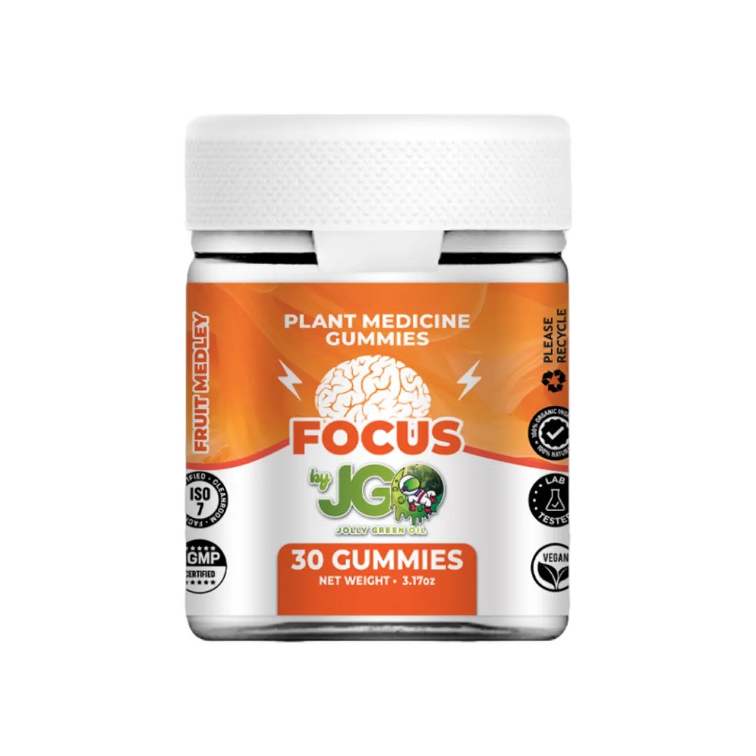 Jar of JGO Focus Gummies – 30-count fruit medley flavor plant medicine gummies formulated with natural nootropics to support mental clarity and energy