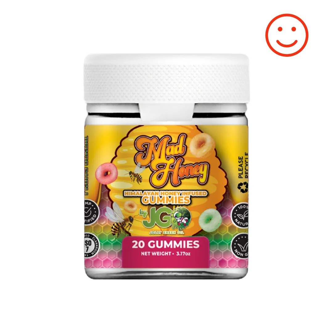 Jar of JGO Mad Honey Gummies – 20-count Fruity Cereal flavor infused with Himalayan wild honey for a nostalgic, legal buzz experience