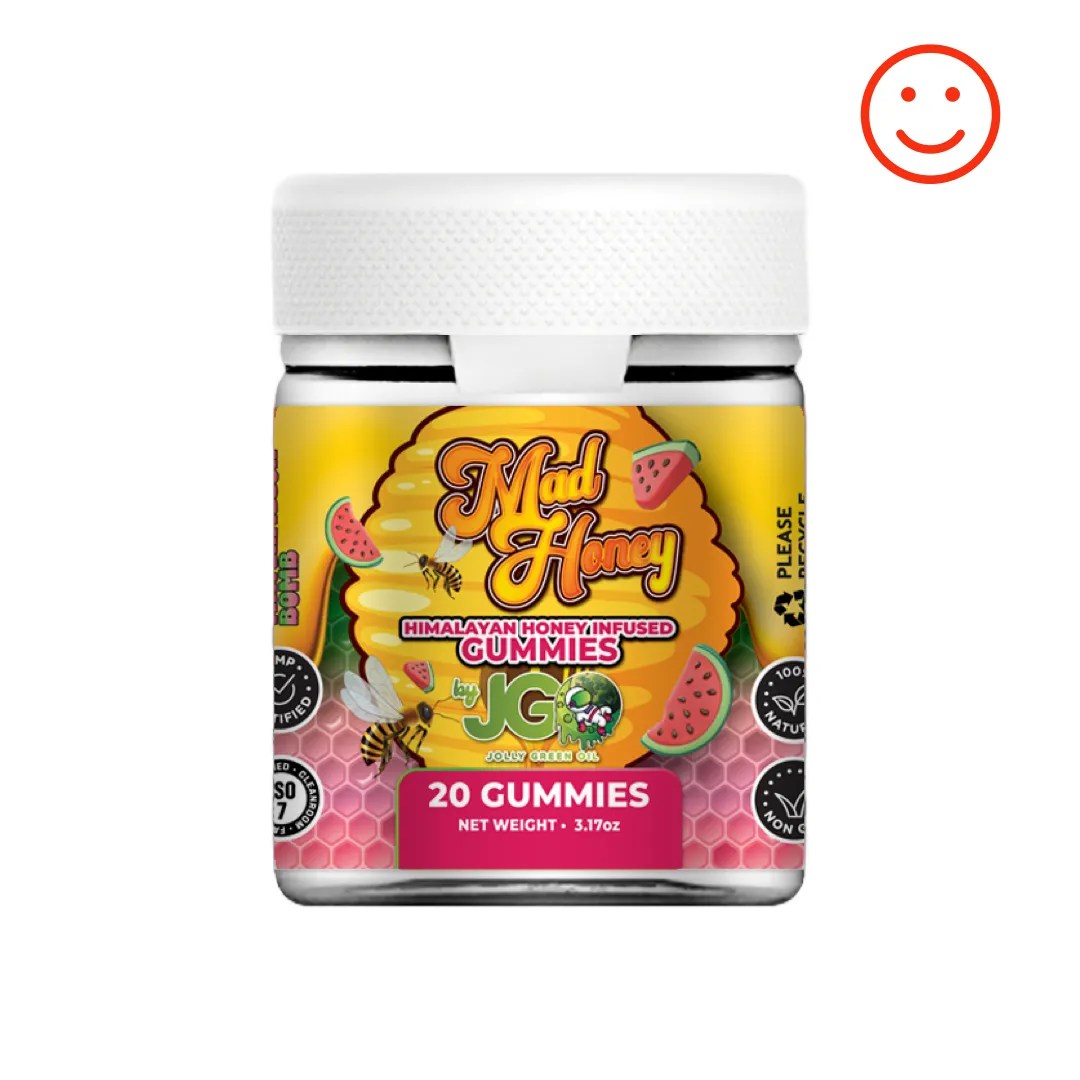 Jar of JGO Mad Honey Gummies – 20-count Watermelon Bomb flavor infused with Himalayan wild honey for a fruity, legal buzz experience