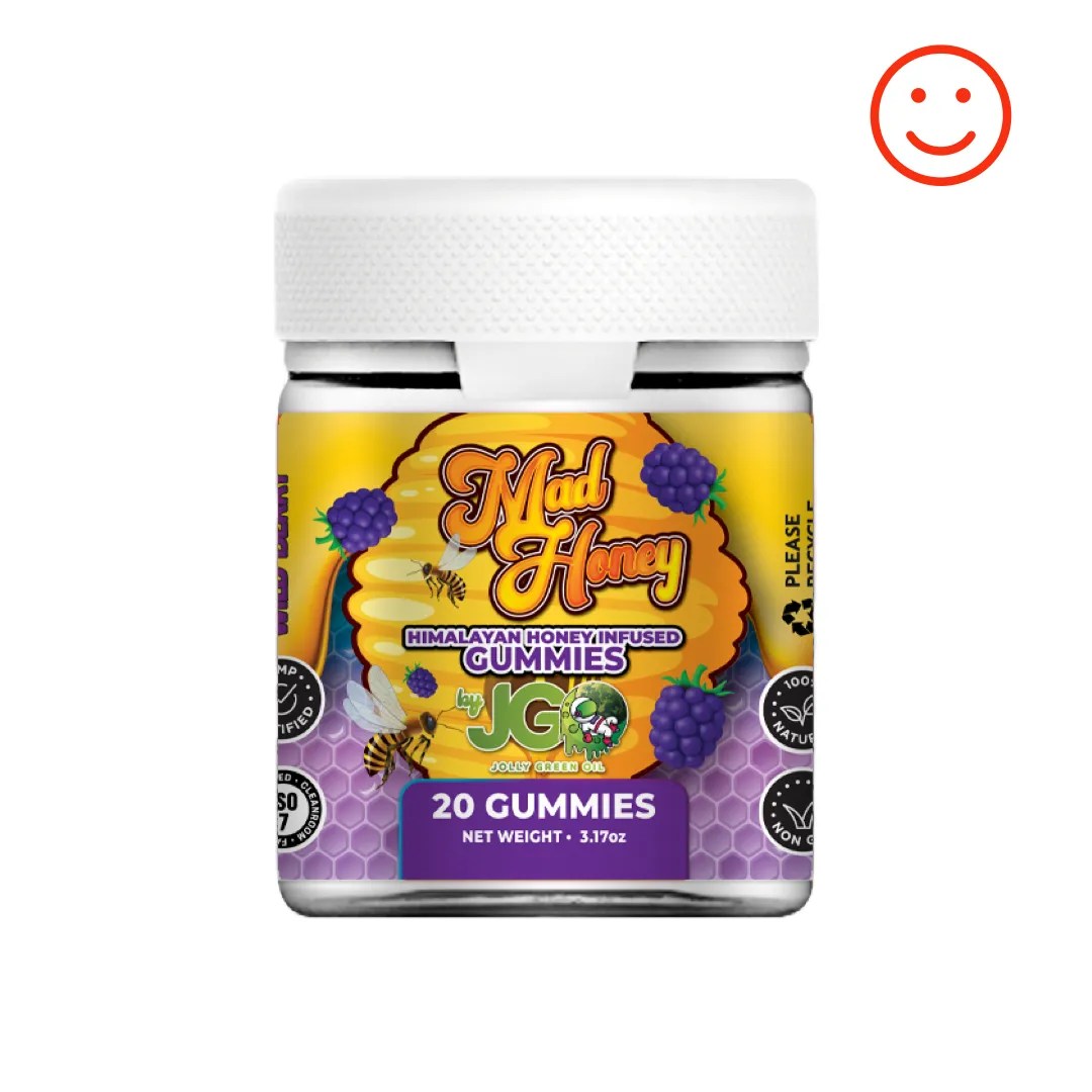 Jar of JGO Mad Honey Gummies – 20-count Wild Berry flavor infused with Himalayan wild honey for a rich, fruity, and legal buzz experience