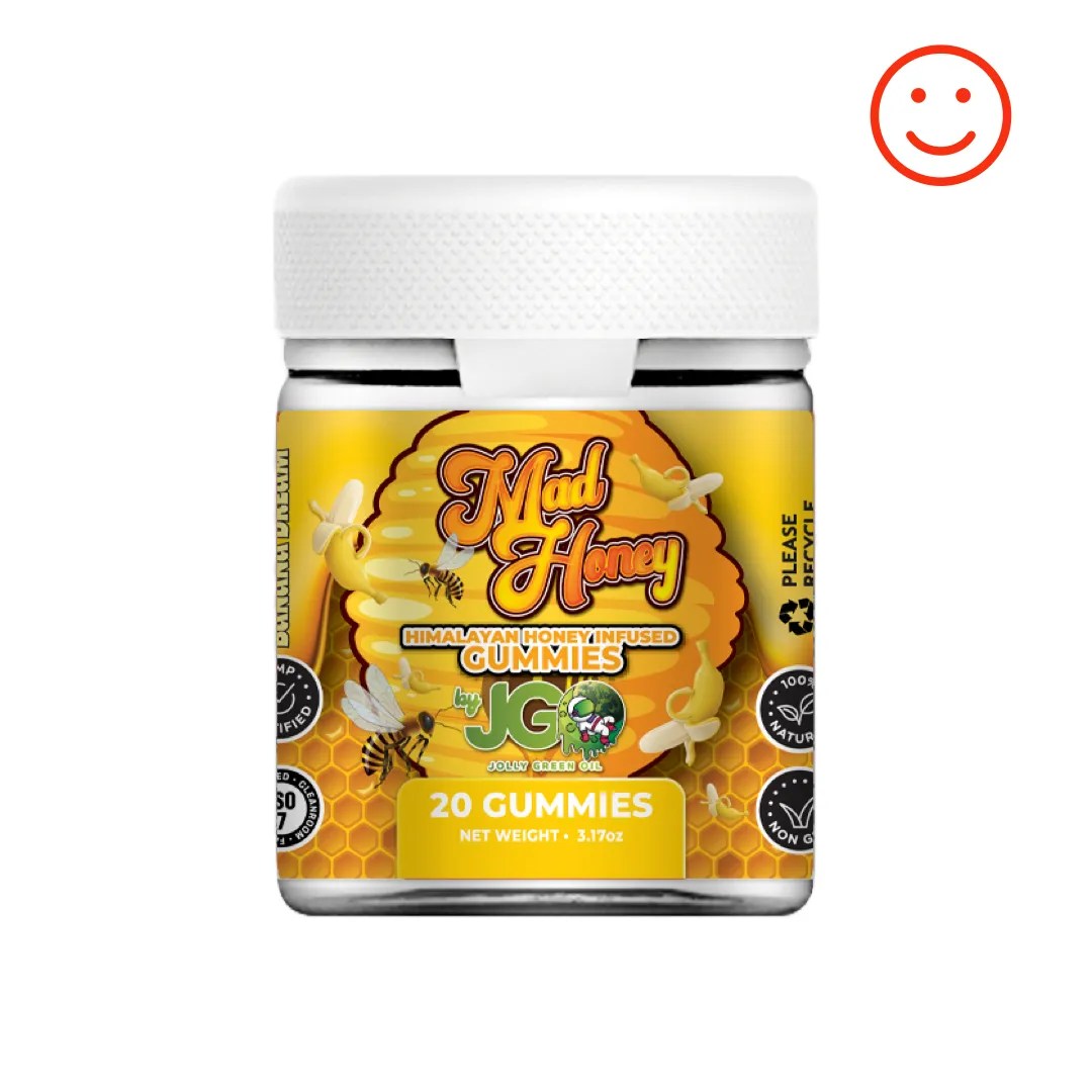 Jar of JGO Mad Honey Gummies – 20-count Banana Dream flavor infused with Himalayan wild honey for a smooth, legal buzz and relaxation