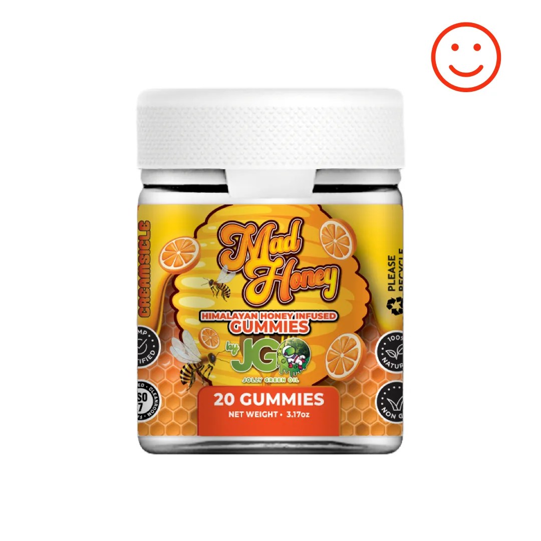 Jar of JGO Mad Honey Gummies – 20-count Orange Creamsicle flavor infused with Himalayan wild honey for a smooth, legal buzz and citrus-vanilla flavor