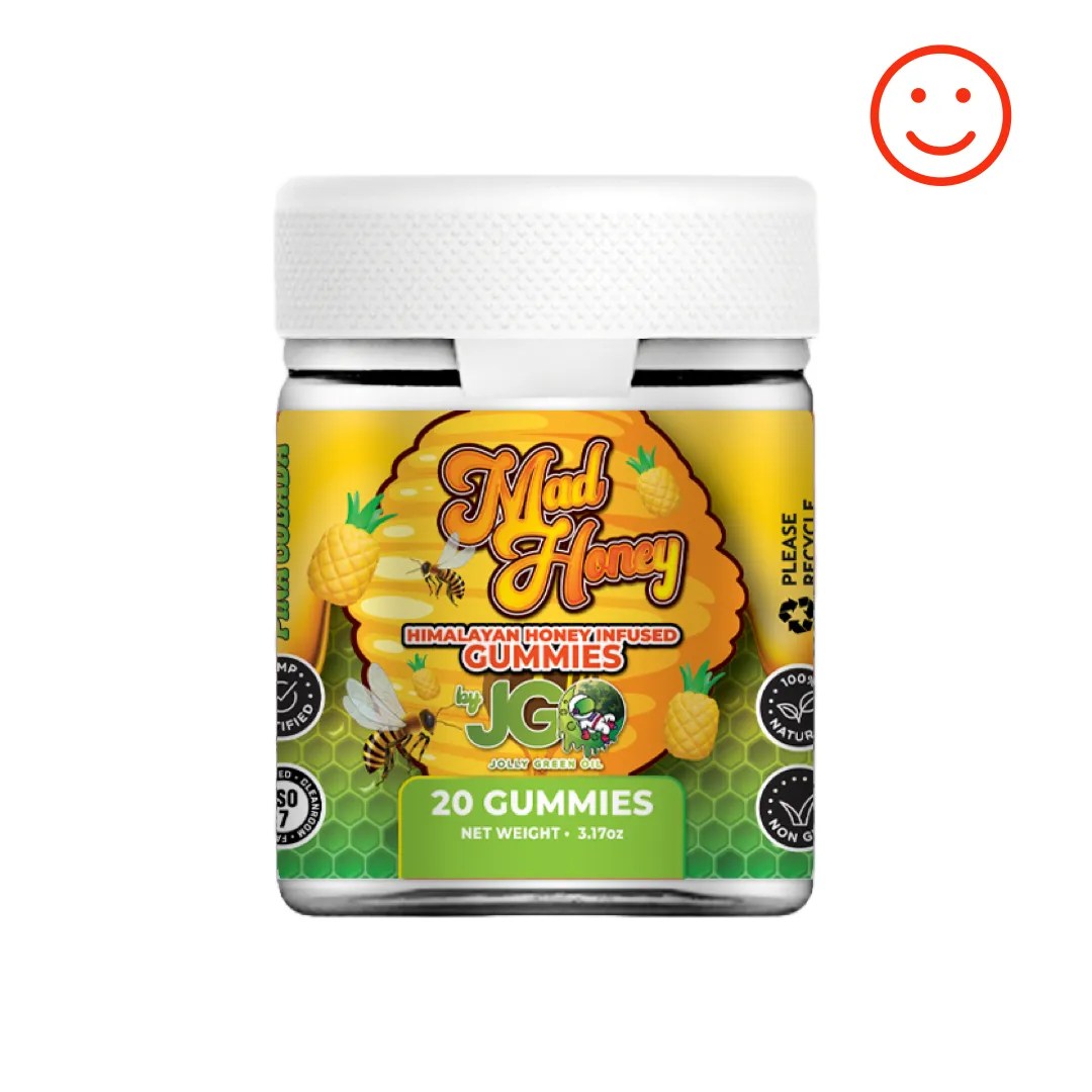 Jar of JGO Mad Honey Gummies – 20-count Piña Colada flavor infused with Himalayan wild honey for a tropical, legal buzz experience