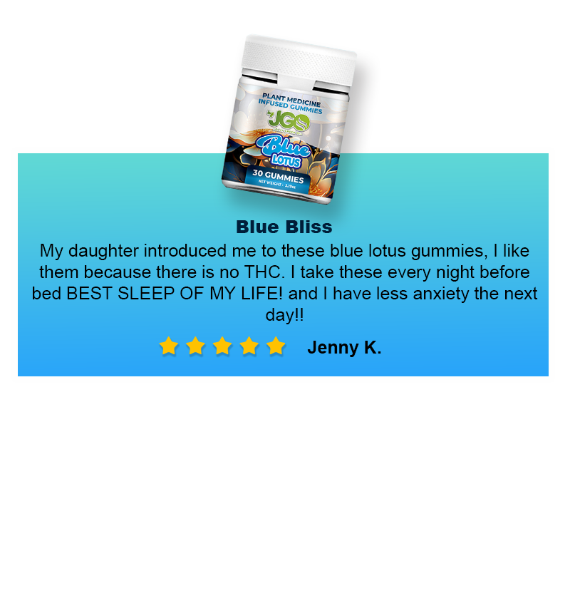 5-star customer review of Jolly Green Oil Blue Lotus Gummies &ndash; calming legal herbal formula