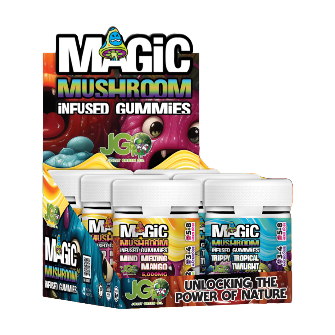 Display box containing 6 jars of JGO Magic Mushroom Gummies – legal nootropic and herbal psilocybin alternative edibles