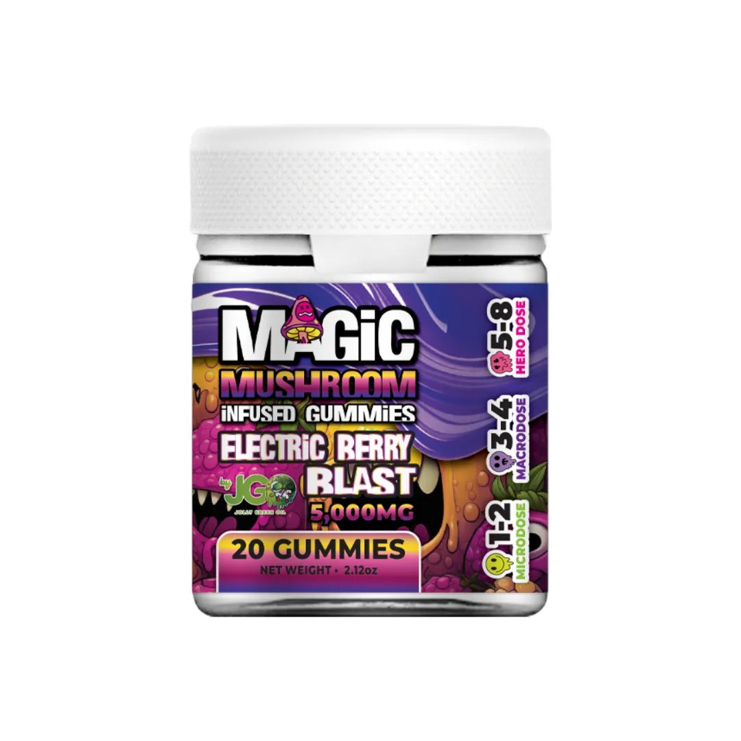 20-count jar of JGO Magic Mushroom Gummies – Electric Berry Blast flavor, infused with a legal nootropic and herbal blend for psilocybin-like effects