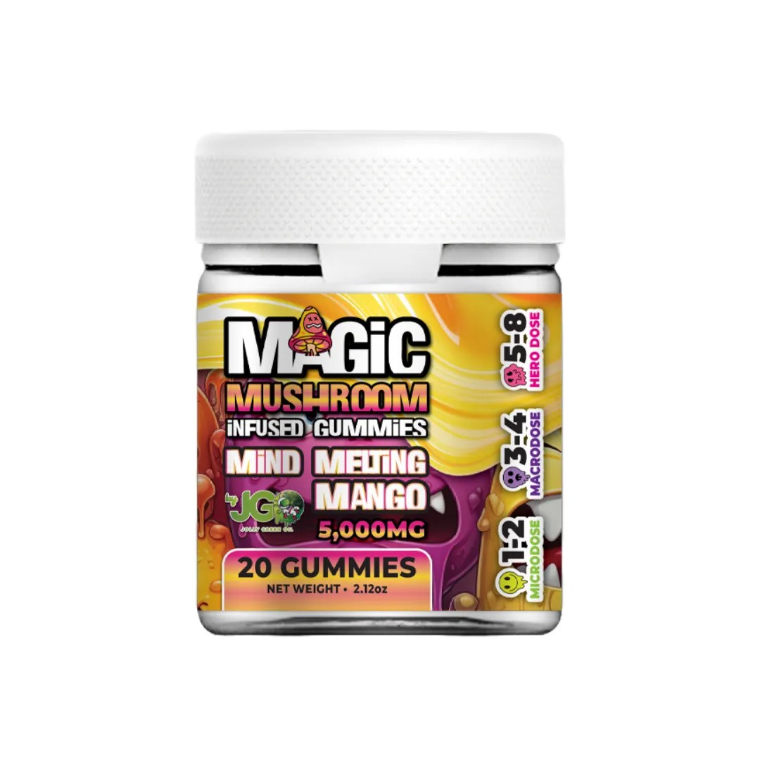 20-count jar of JGO Magic Mushroom Gummies – Mind Melting Mango flavor with a legal nootropic and herbal blend that mimics psilocybin-like effects