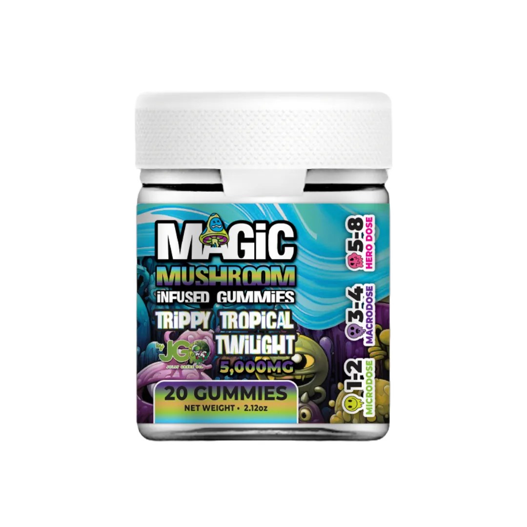 20-count jar of JGO Magic Mushroom Gummies – Trippy Tropical Twilight flavor with a legal nootropic and herbal blend for psilocybin-like effects