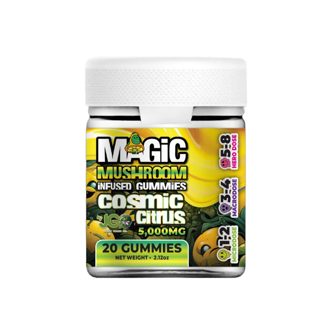 20-count jar of JGO Magic Mushroom Gummies – Cosmic Citrus flavor, infused with a legal nootropic and herbal blend for psilocybin-like effects