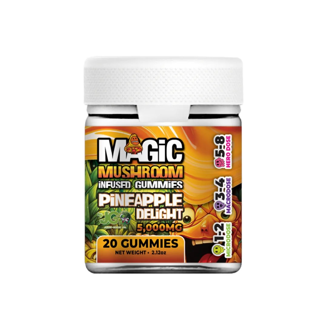20-count container of JGO Magic Mushroom Gummies – Pineapple Delight flavor, infused with a legal herbal and nootropic blend for psilocybin-like effects